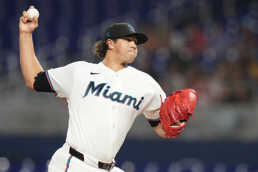 Miami Marlins starting pitcher Tyler Phillips throws during the first inning of a baseball game against the Philadelphia Phillies, Monday, July 27, 2026, in Miami. (AP Photo/Lynne Sladky)