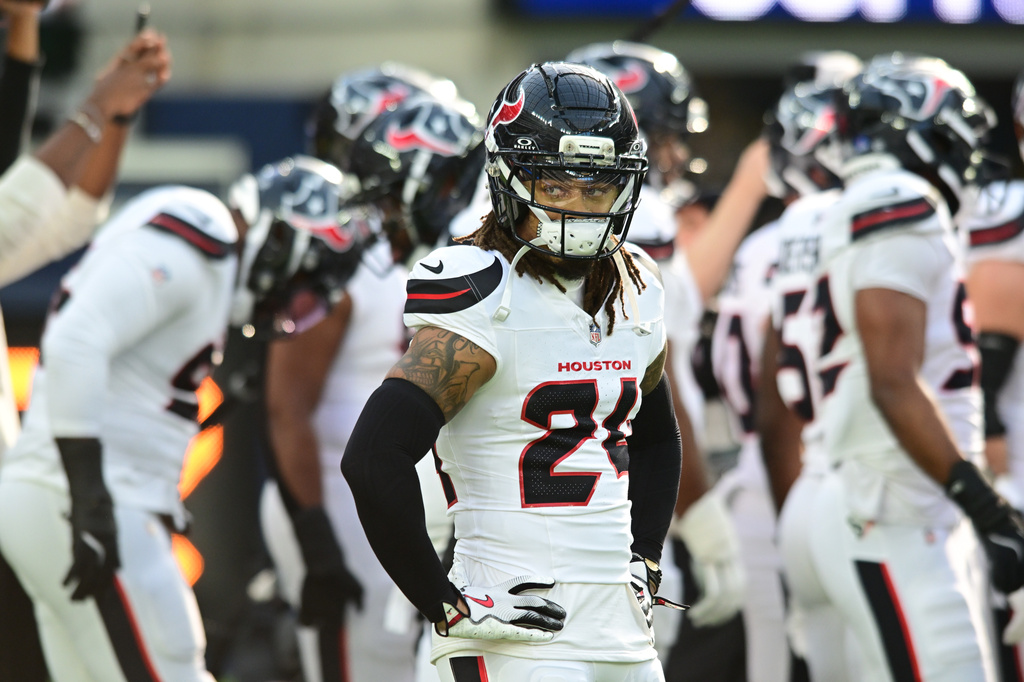 FILE - Houston Texans cornerback Derek Stingley Jr. (24) stands on the field before an NFL football game against the Los Angeles Chargers in Inglewood, Calif., Saturday, Dec. 27, 2026. (AP Photo/Wally Skalij, File)