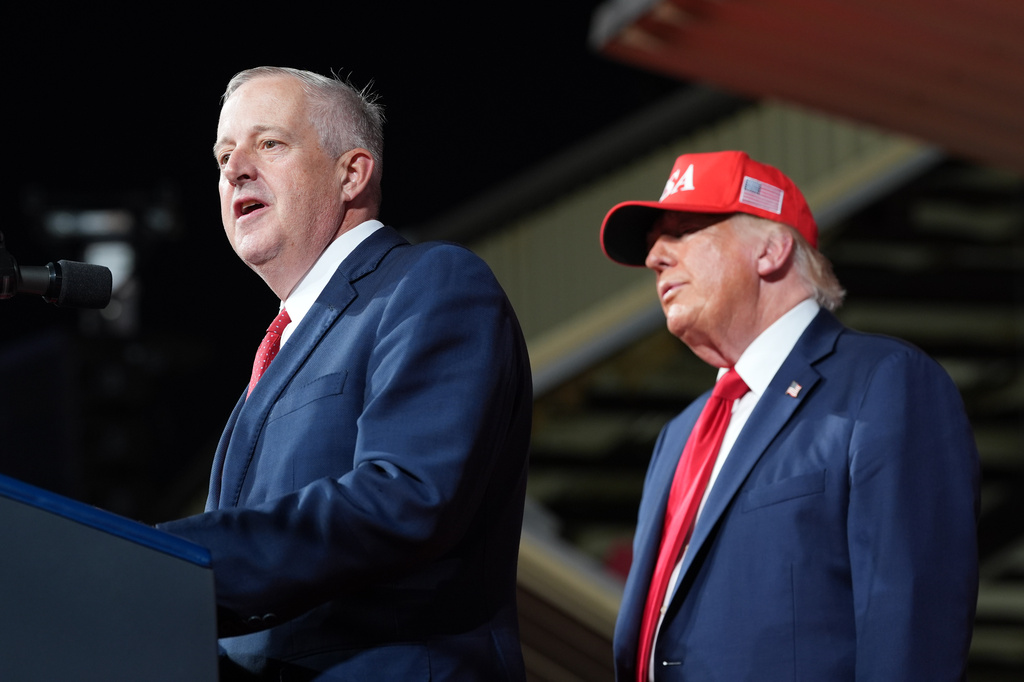 President Donald Trump listens as North Carolina Republican U.S. Senate candidate Michael Whatley speaks during a rally at Gastonia Municipal Airport, Wednesday, Sept. 16, 2026, in Gastonia, N.C. (AP Photo/Alex Brandon)