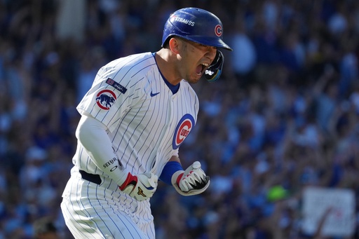 Chicago Cubs' Seiya Suzuki reacts after hitting a home run during the fifth inning of Game 1 of a National League wild card baseball game against the San Diego Padres Tuesday, Sept. 30, 2025, in Chicago. (AP Photo/Nam Huh) Chicago Cubs' Seiya Suzuki reacts after hitting a home run during the fifth inning of Game 1 of a National League wild card baseball game against the San Diego Padres Tuesday, Sept. 30, 2025, in Chicago. (AP Photo/Nam Huh)