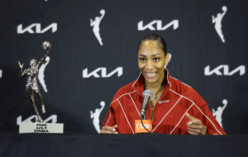 Las Vegas Aces center A'ja Wilson talks with reporters during a news conference Sunday, Sept. 21, 2025, in Las Vegas. (Steve Marcus /Las Vegas Sun via AP)