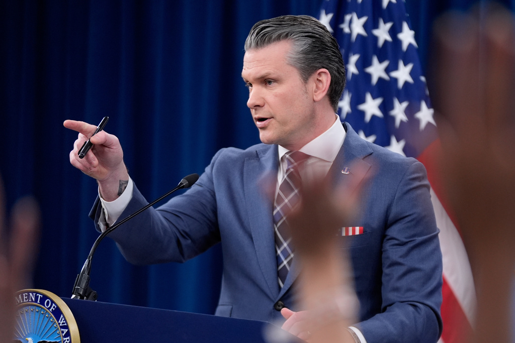 Defense Secretary Pete Hegseth speaks to members of the media during a press briefing at the Pentagon in Washington, Thursday, March 19, 2026. (AP Photo/Manuel Balce Ceneta)