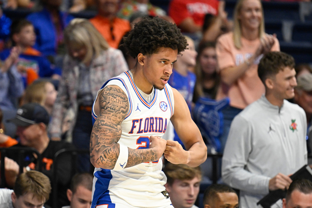 Florida guard Isaiah Brown celebrates after his team scored during the second half of an NCAA college basketball game against Providence in the Rady Children's Invitational tournament Friday, Nov. 28, 2025, in San Diego. (AP Photo/Denis Poroy)
