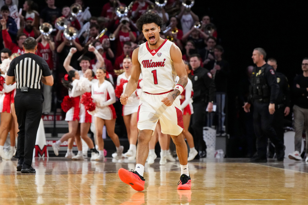 Miami (OH) Trey Perry (1) reacts following an NCAA college basketball game against UMass, Tuesday, Jan. 27, 2026, in Oxford, Ohio. (AP Photo/Jeff Dean)