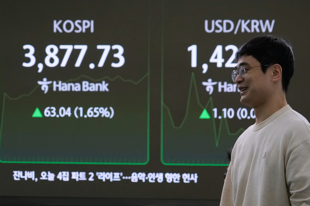 A currency trader smiles near a screen showing the Korea Composite Stock Price Index (KOSPI), left, and the foreign exchange rate between U.S. dollar and South Korean won at the foreign exchange dealing room of the Hana Bank headquarters in Seoul, South Korea, Tuesday, Oct. 21, 2025. (AP Photo/Ahn Young-joon)