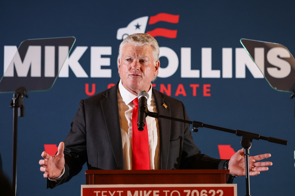 U.S. Senate candidate Mike Collins speaks during an election-night watch party after winning the Republican nomination, Tuesday, June 16, 2026, in Jackson, Ga. (AP Photo/Colin Hubbard)