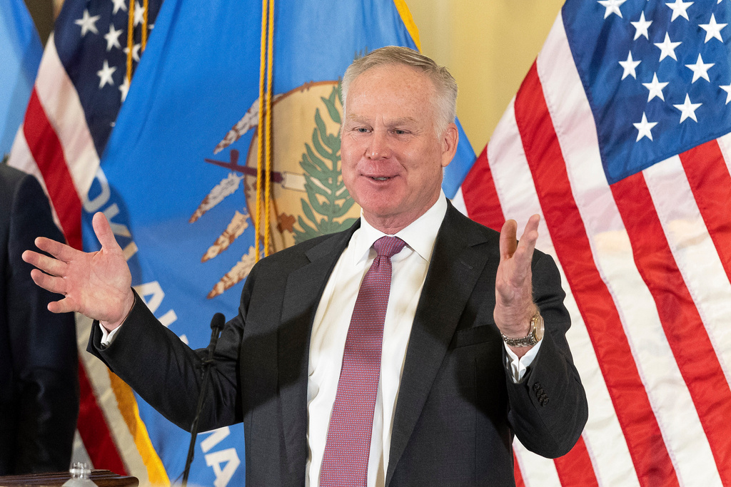 Oklahoma U.S. Senate appointee Alan Armstrong speaks to state leaders, reporters, and friends after he was announced by Oklahoma Governor Kevin Stitt's as his choice to temporarily fill Senator Markwayne Mullin's seat during a press conference at the Oklahoma State Capitol in Oklahoma City, Tuesday, March 24, 2026, Oklahoma City. (AP Photo/Alonzo Adams)