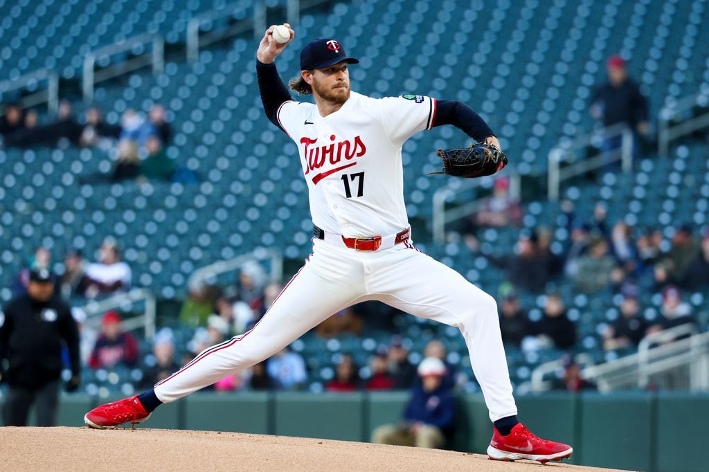 Minnesota Twins pitcher Bailey Ober throws to the Detroit Tigers during the first inning of a baseball game Wednesday, April 8, 2026, in Minneapolis. (AP Photo/Ellen Schmidt)