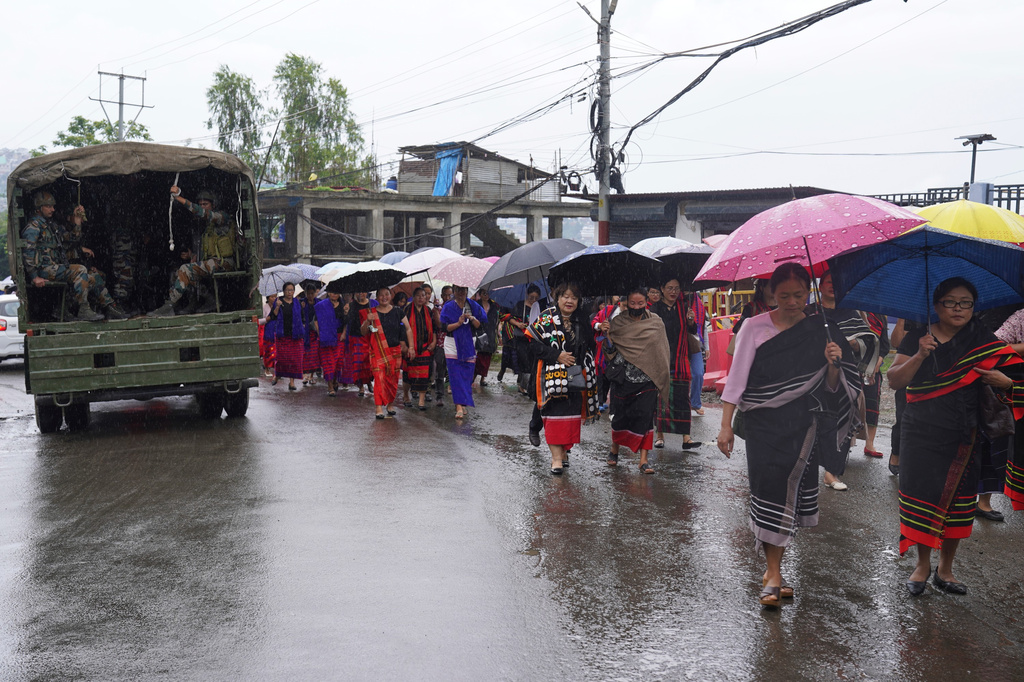 Indigenous Nagas participate in a protest against rising cases of sexual violence against women and demanding justice for victims, in Kohima, capital of the northeastern Indian state of Nagaland, Friday, June 19, 2026. (AP Photo/Yirmiyan Arthur)