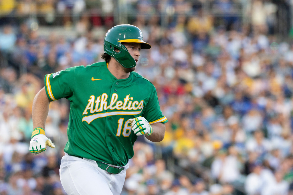 Athletics' Nick Kurtz hit a single during the fifth inning of a baseball game against the Los Angeles Dodgers Wednesday, July 1, 2026, in West Sacramento, Calif. (AP Photo/Sara Nevis)