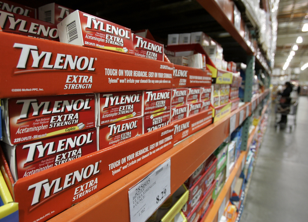FILE - In this Dec. 12, 2007 file photo, Tylenol drugs are shown in the drug department at Costco in Mountain View, Calif. (AP Photo/Paul Sakuma, File)