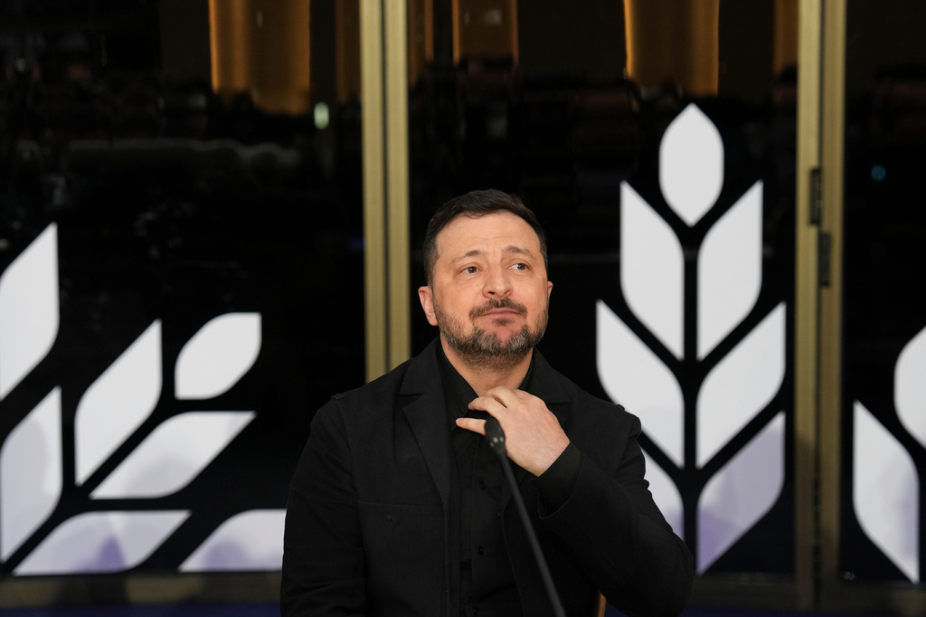 Ukraine's President Volodymyr Zelenskyy attends the EU Summit in Ayia Napa, Cyprus, Thursday, April 23, 2026. (AP Photo/Petros Karadjias)