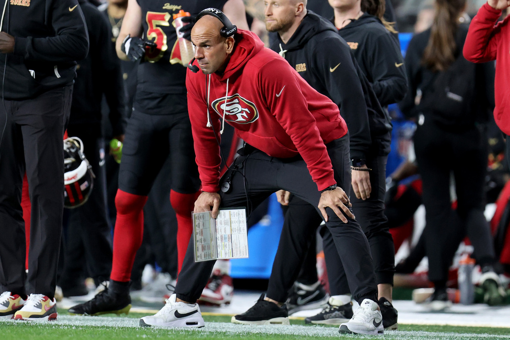FILE - San Francisco 49ers defensive coordinator Robert Saleh stands on the sideline during an NFL football game against the Seattle Seahawks, Jan. 3, 2026, in Santa Clara, Calif. (AP Photo/Scot Tucker, File)