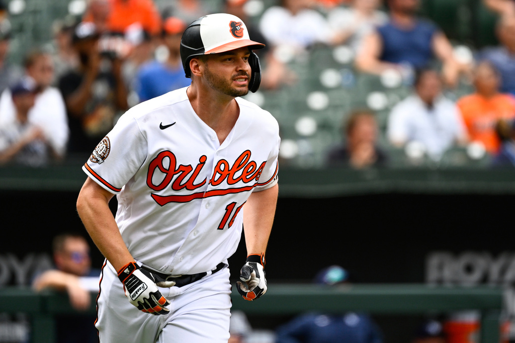 FILE - Baltimore Orioles designated hitter Trey Mancini watches his inside-the-park home run hit against Tampa Bay Rays relief pitcher Shawn Armstrong during the eighth inning of a baseball game, July 28, 2022, in Baltimore. (AP Photo/Terrance Williams, File)