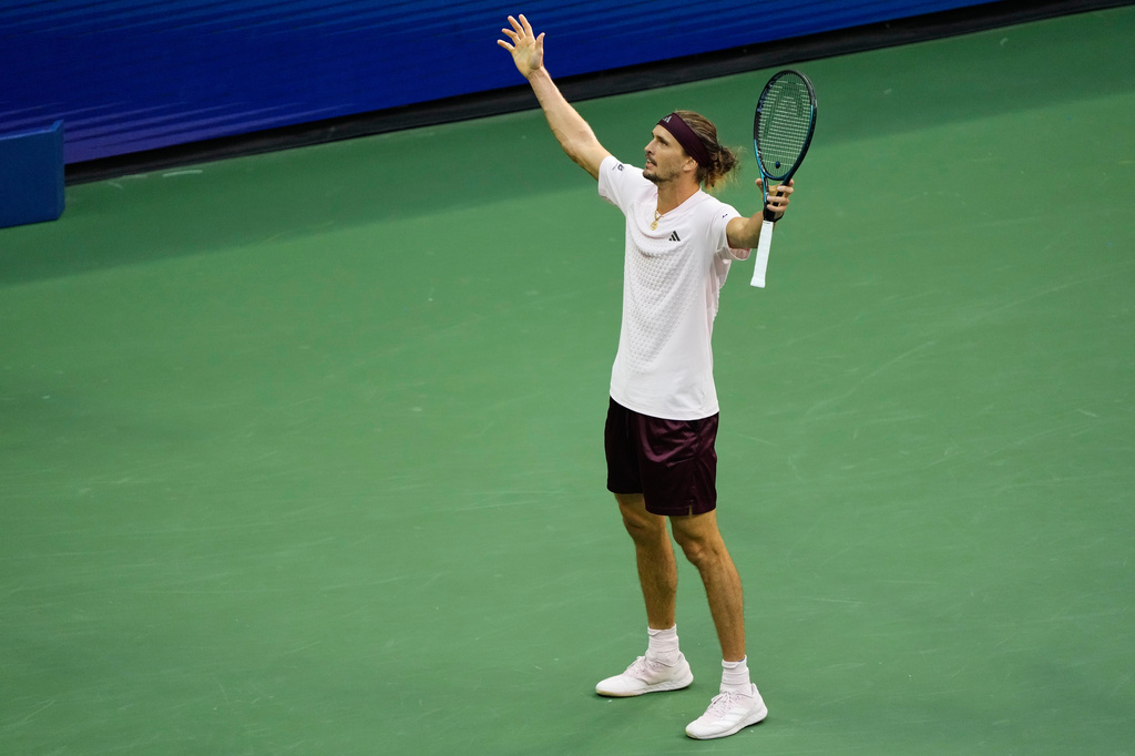 Alexander Zverev, of Germany, reacts during a match against Karen Khachanov, of Russia, during the men's singles semifinals of the U.S. Open tennis championships, Friday, Sept. 11, 2026, in New York. (AP Photo/Seth Wenig)
