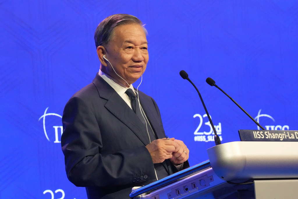 Vietnam's President To Lam delivers his address during the Shangri-La Dialogue, Asia's annual defense and security forum, in Singapore, Friday, May 29, 2026. (AP Photo/Achmad Ibrahim)