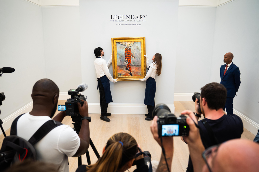 Paul Cezanne's 'Harlequin' is displayed during a preview of the Blaquier-Arrieta Collection, a group of twelve Impressionist and Modern works which have been largely unseen for half a century, at Sotheby's in London. Wednesday Sept. 30, 2026. (Ben Bauer/PA via AP)