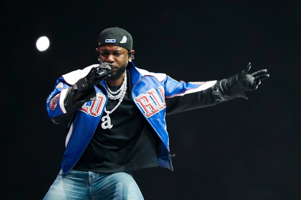 FILE - Kendrick Lamar performs during halftime of the NFL Super Bowl 59 football game between the Kansas City Chiefs and the Philadelphia Eagles in New Orleans, Feb. 9, 2025. (AP Photo/Matt Slocum, File)