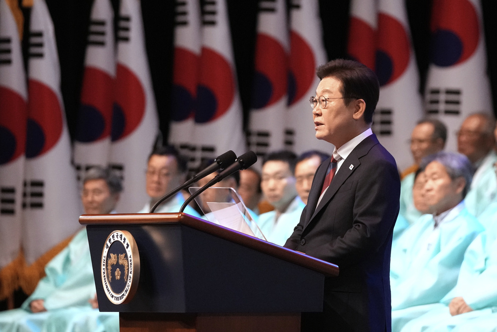 South Korean President Lee Jae Myung speaks during a ceremony to celebrate the 80th anniversary of Korea's liberation from Japanese colonial rule in Seoul, South Korea, Friday, Aug. 15, 2025. (AP Photo/Ahn Young-joon, Pool)