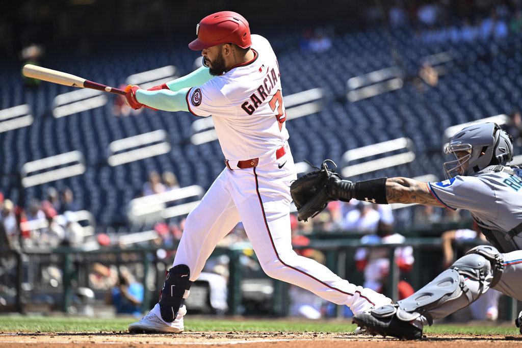 Washington Nationals' Luis Garcia Jr. hits a two-run single during the first inning of a baseball game against the Miami Marlins, Wednesday, Sept. 3, 2025, in Washington. (AP Photo/John McDonnell)