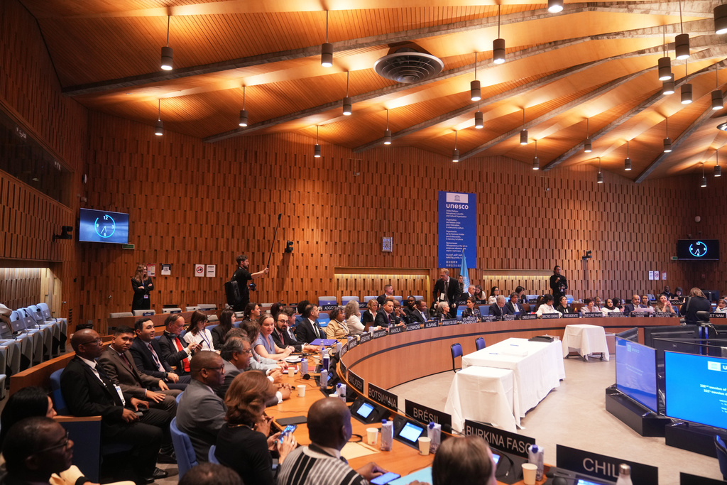 Members of the UNESCO executive board gather to elect their new Secretary General, at the UNESCO headquarters in Paris, Monday, Oct. 6, 2025. (Thibault Camus)