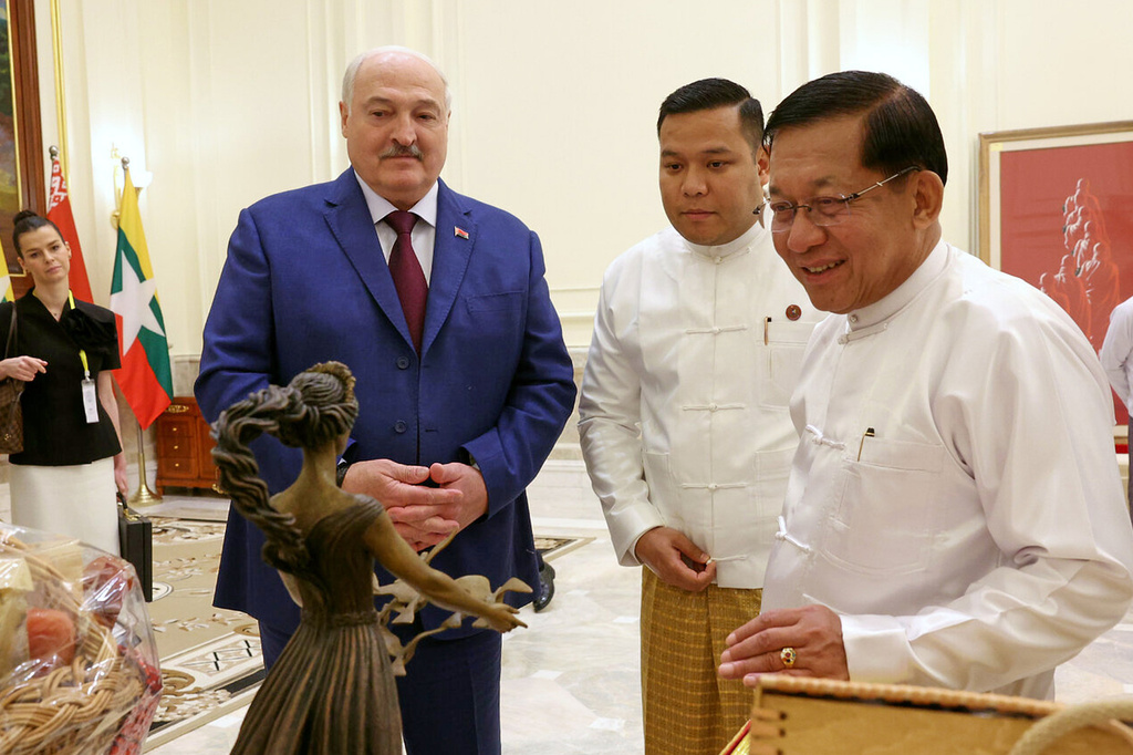In this photo released by Belarusian presidential press service, Belarusian President Alexander Lukashenko and Myanmar's Military leader Senior Gen. Min Aung Hlaing, right, seen during their meeting in Naypyitaw, Myanmar, Friday, Nov. 28, 2025 (Belarusian Presidential Press Service via AP)