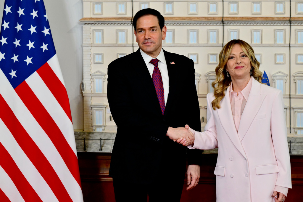 US Secretary of State Marco Rubio meets Italy's Prime Minister Giorgia Meloni during his two-day visit to Italy and the Vatican, in Rome, Friday, May 8, 2026. (Stefano Rellandini/Pool Photo via AP)