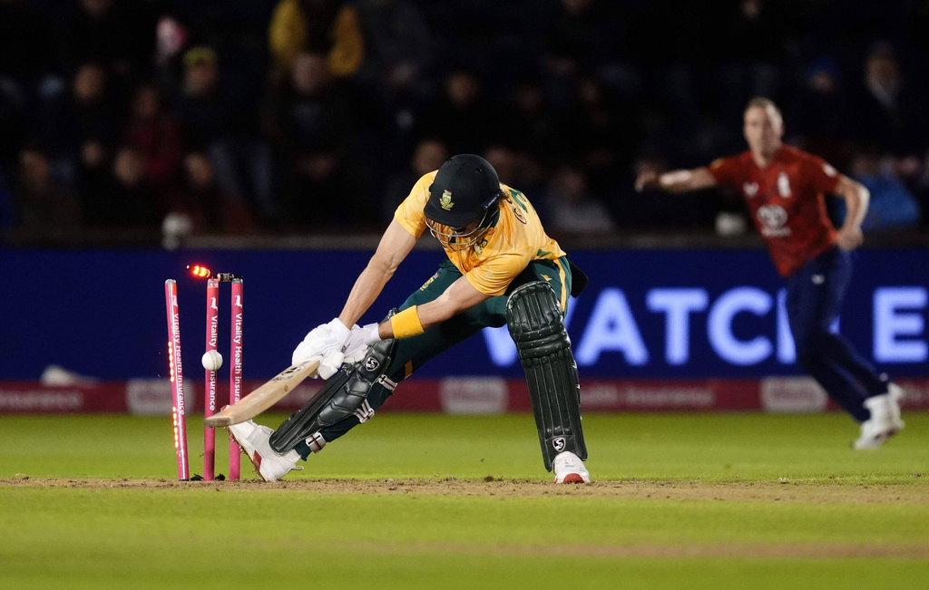 South Africa's Tristan Stubbs is bowled by England's Jamie Overton during the first International T20 Match at Sophia Gardens, Cardiff, Wales, Wednesday Sept. 10, 2025. (Nick Potts/PA via AP)