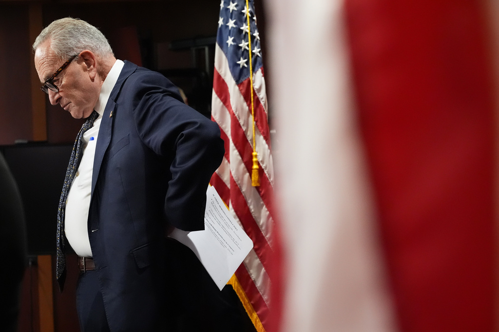 Senate Minority Leader Chuck Schumer of N.Y., listens as he speaks to reporters Tuesday, Sept. 30, 2025, at the U.S. Capitol in Washington. (AP Photo/Jacquelyn Martin)