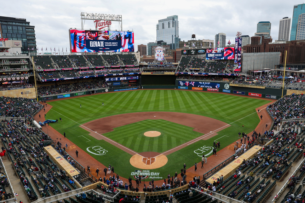 Target Field is viewed before the Minnesota Twins home-opener baseball game against the Tampa Bay Rays, Friday, April 3, 2026, in Minneapolis. (AP Photo/Ellen Schmidt)