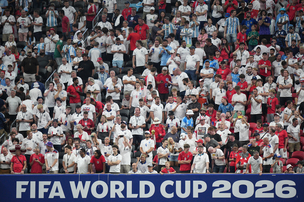 England supporters fill the stands before the start of the World Cup semifinal soccer match between England and Argentina in Atlanta, Wednesday, July 15, 2026. (AP Photo/Jacob Kupferman)
