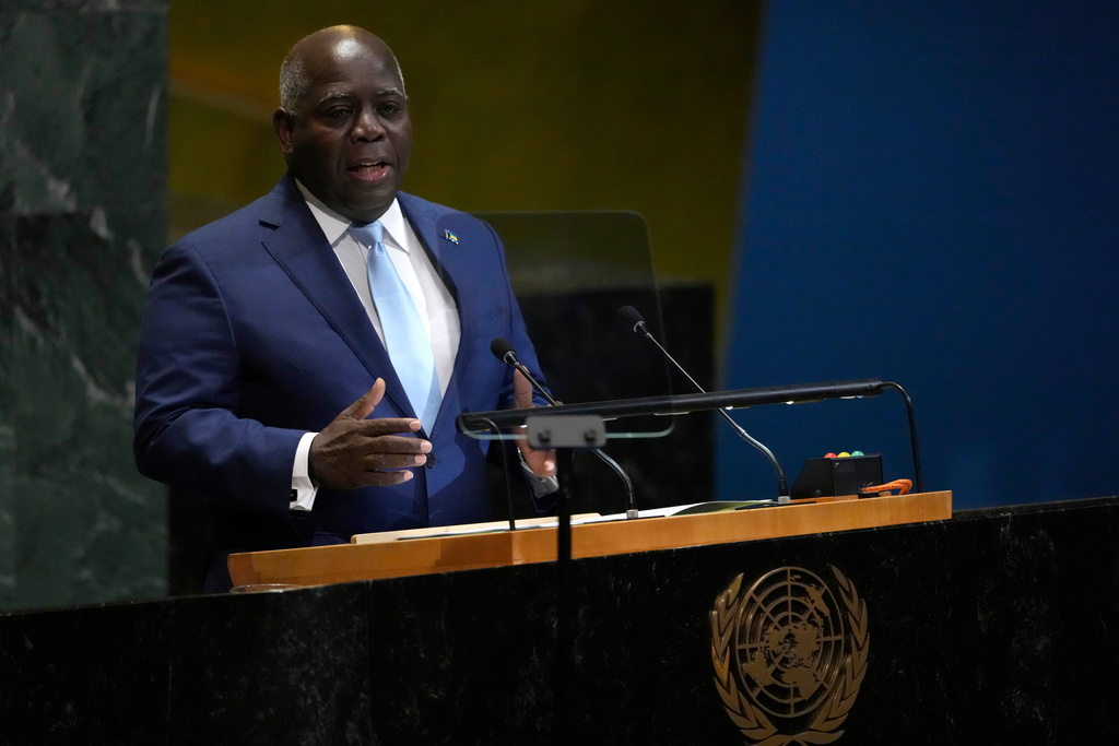 Prime Minister of the Bahamas Philip Edward Davis addresses the 80th session of the United Nations General Assembly, Saturday, Sept. 27, 2025, at U.N. headquarters. (AP Photo/Pamela Smith)
