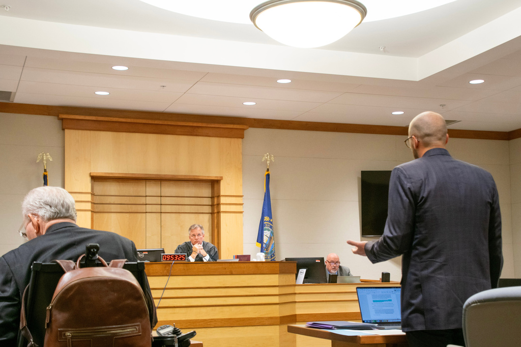 Matthew Zernhelt, an attorney for Pamela Smart, speaks to Merrimack Superior Court Judge James Kennedy during a hearing for Smart, who is serving life in prison for orchestrating the murder of her husband by her teenage student, at the Merrimack Superior Court in Concord, N.H., Monday, July 20, 2026. (Grace Chai/Seacoast Media via AP, Pool)