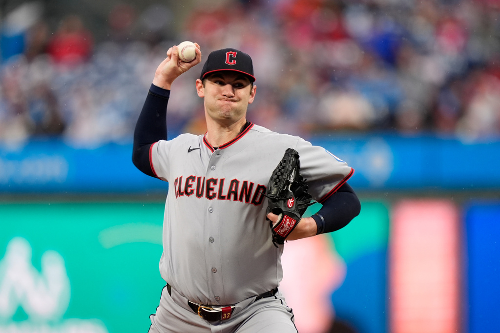 Cleveland Guardians' Gavin Williams pitches during the first inning of a baseball game against the Philadelphia Phillies Friday, May 22, 2026, in Philadelphia. (AP Photo/Matt Slocum)