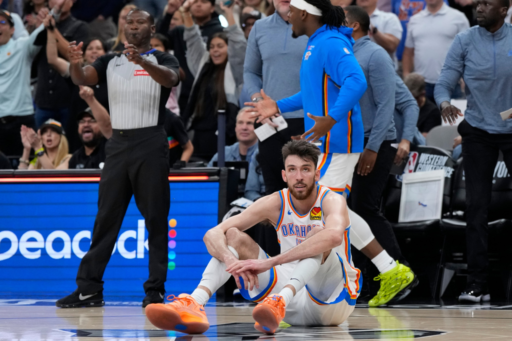 Oklahoma City Thunder center Chet Holmgren (7) reacts to a blocked shot against the San Antonio Spurs in the second half of Game 6 in the Western Conference finals NBA basketball playoffs series, Thursday, May 28, 2026, in San Antonio. (AP Photo/David J. Phillip)