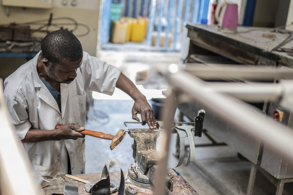 Protectics are manufactured by hand at an orthopedic center run by the Catholic church and supported by Red Cross in Goma, eastern Congo, Friday, Aug. 29, 2025. (AP Photo/Moses Sawasawa)