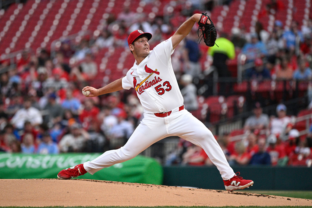 St. Louis Cardinals starting pitcher Andre Pallante (53) throws in the first inning of a baseball game against the New York Mets, Tuesday, March 31, 2026, in St. Louis. (AP Photo/Joe Puetz)