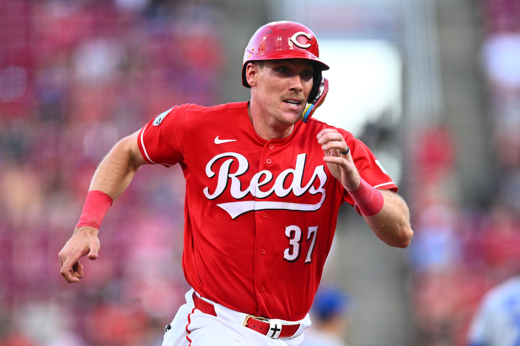 Cincinnati Reds' Tyler Stephenson (37) runs to third base during the third inning of a baseball game against the Kansas City Royals in Cincinnati, Wednesday, June 3, 2026. (AP Photo/Ben Jackson)