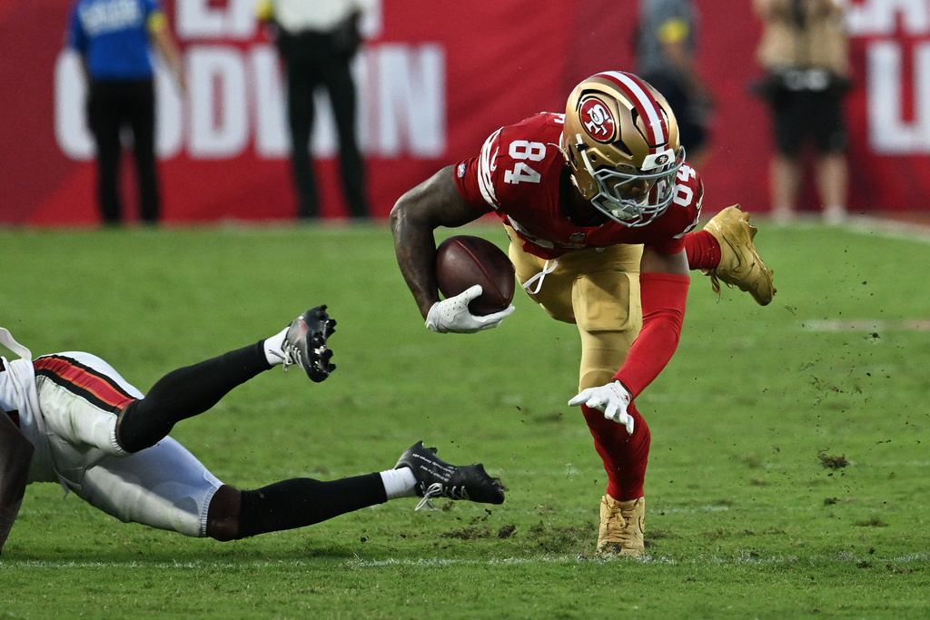 San Francisco 49ers wide receiver Kendrick Bourne (84) runs against the Tampa Bay Buccaneers during the second half of an NFL football game in Tampa, Fla., Sunday, Oct. 12, 2025. (AP Photo/Jason Behnken)