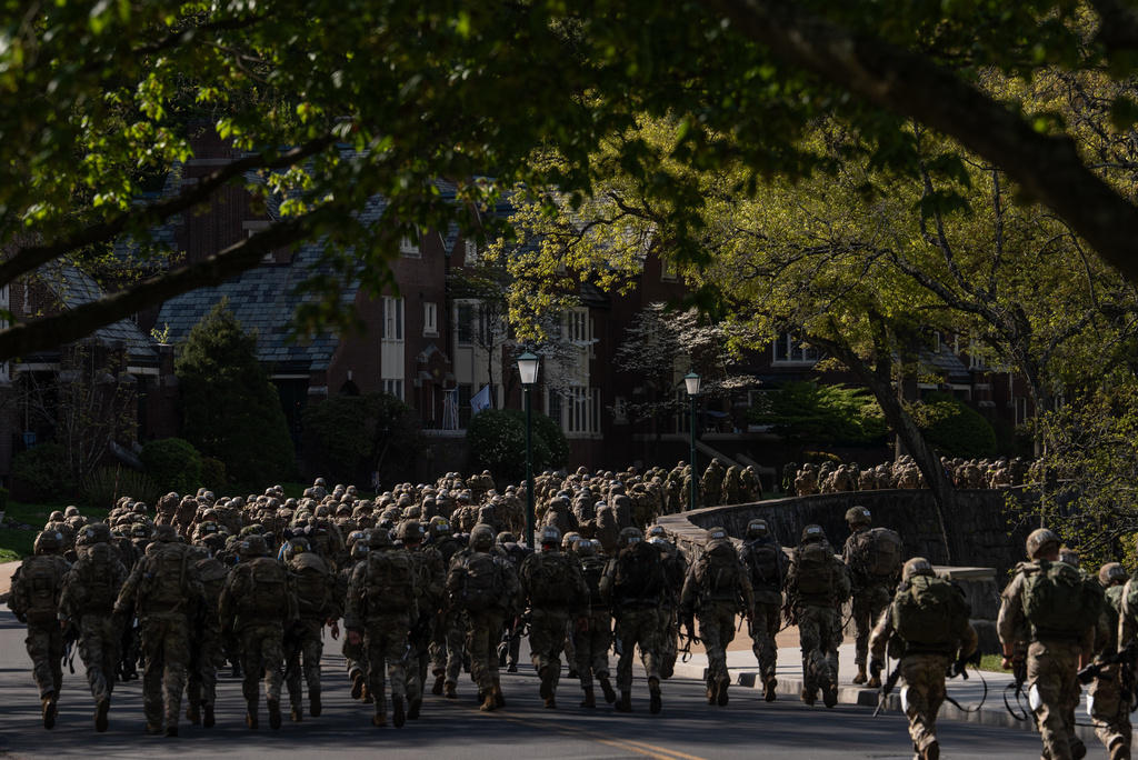 Cadets compete in a timed eight mile ruck during the Sandhurst Military Skills Competition at the United States Military Academy in West Point, N.Y., Friday, May 1, 2026. (AP Photo/Julia Demaree Nikhinson)