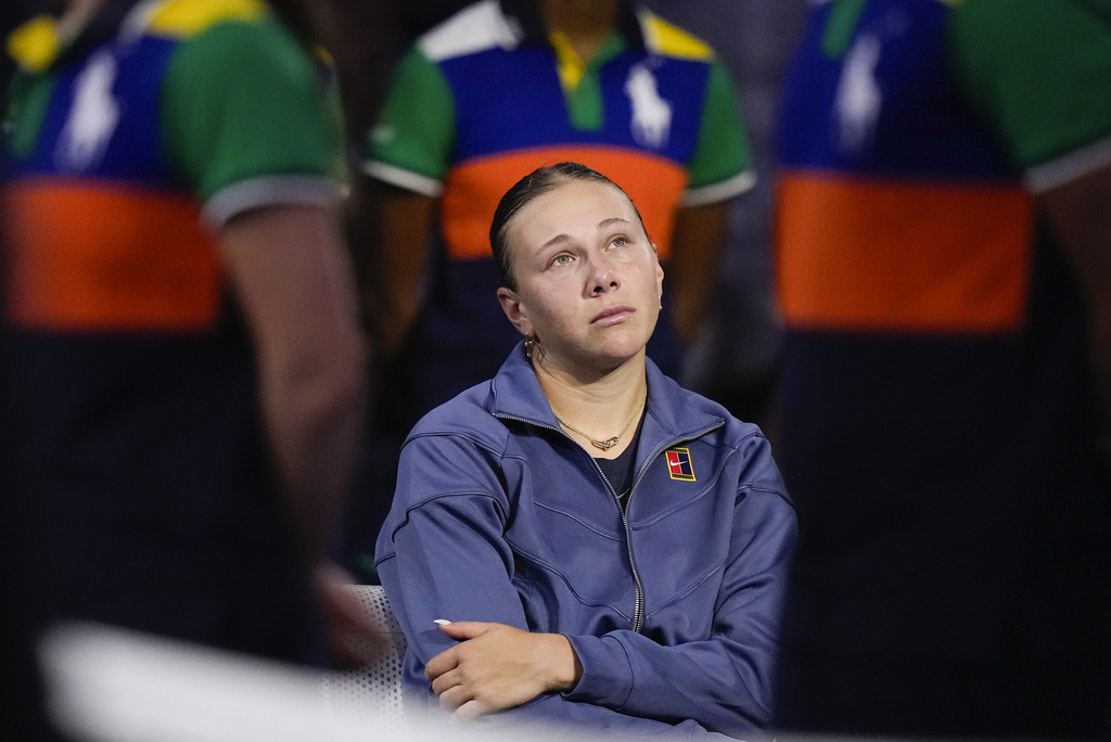Amanda Anisimova, of the United States, sits on her bench after losing to Aryna Sabalenka, of Belarus, in the women's singles final of the U.S. Open tennis championships, Saturday, Sept. 6, 2025, in New York. (AP Photo/Kirsty Wigglesworth)