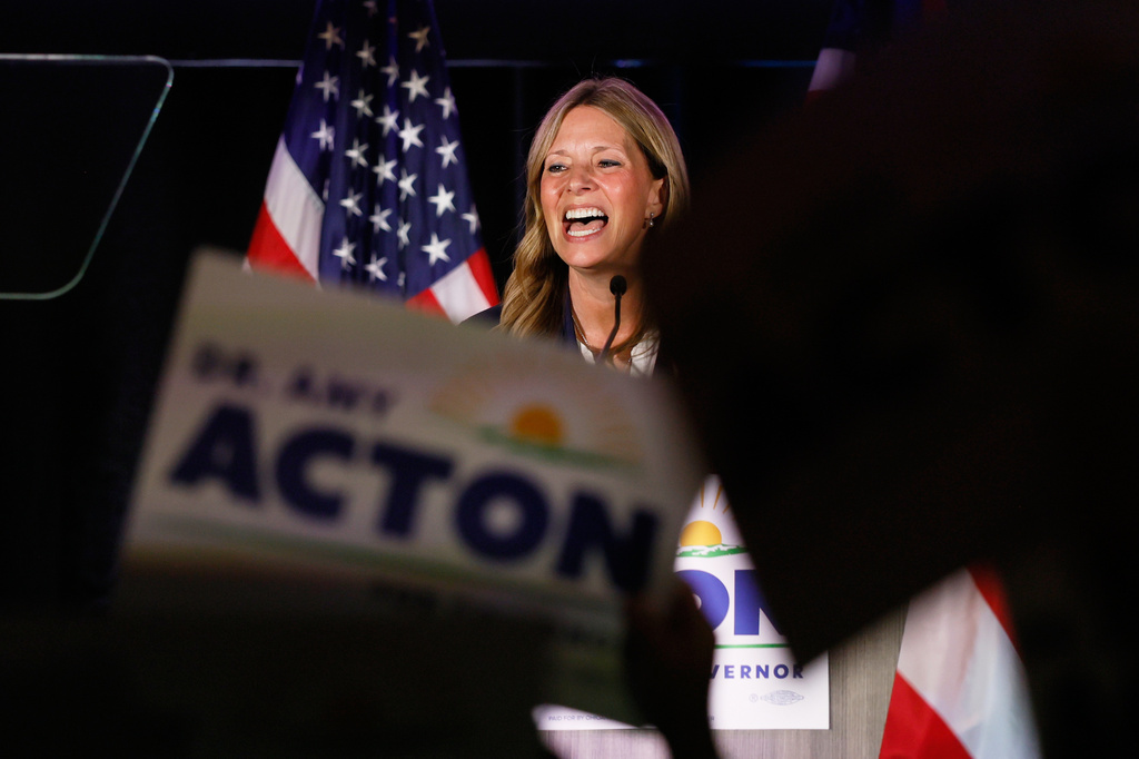 Democratic gubernatorial candidate Dr. Amy Acton speaks at a primary election night campaign event after winning the party's nomination for governor in Columbus, Ohio, Tuesday, May 5, 2026. (AP Photo/Jay LaPrete)
