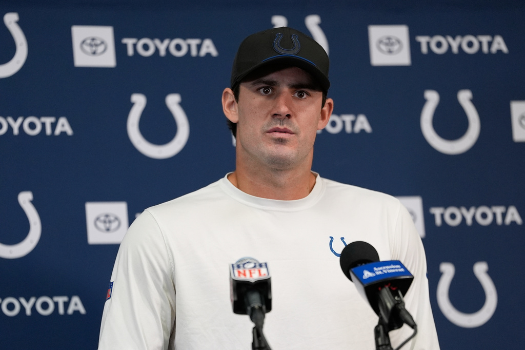 Indianapolis Colts quarterback Daniel Jones speaks at a news conference after an NFL football game against the Minnesota Vikings in Minneapolis, Sunday, Oct. 25, 2026. (AP Photo/Bruce Kluckhohn)
