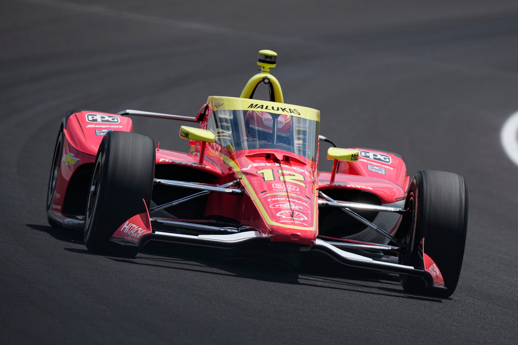 David Malukas drives through the third turn during qualifications for the Indianapolis 500 auto race at the Indianapolis Motor Speedway in Indianapolis, Sunday, May 17, 2026. (AP Photo/Michael Conroy)