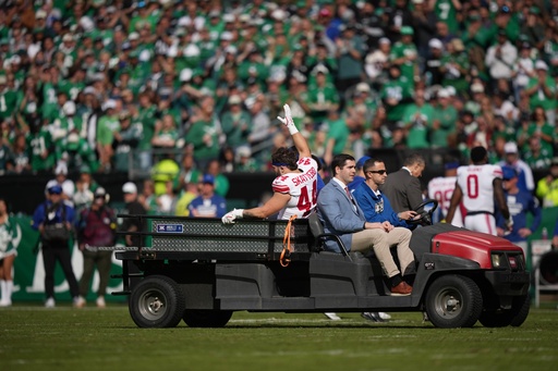 New York Giants running back Cam Skattebo (44) waves as he leaves the field after an injury during the first half of an NFL football game against the Philadelphia Eagles on Sunday, Oct. 26, 2025, in Philadelphia. (AP Photo/Matt Slocum) New York Giants running back Cam Skattebo (44) waves as he leaves the field after an injury during the first half of an NFL football game against the Philadelphia Eagles on Sunday, Oct. 26, 2025, in Philadelphia. (AP Photo/Matt Slocum)