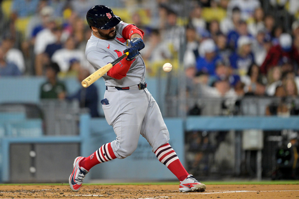 St. Louis Cardinals' Leo Bernal hits a RBI double for his first major league hit during the third inning of a baseball game against the Los Angeles Dodgers, Tuesday, Sept. 1, 2026, in Los Angeles. (AP Photo/Jayne Kamin-Oncea)