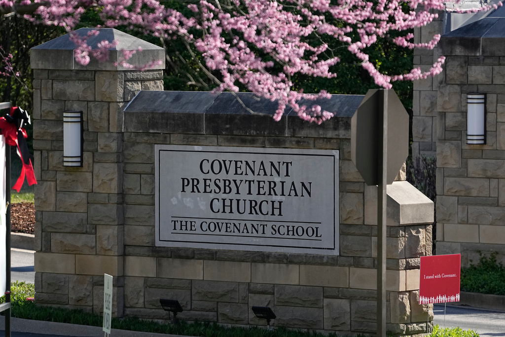 FILE - The entrance to the Covenant School is seen on the one-year anniversary of a mass shooting, March 27, 2024, in Nashville, Tenn. (AP Photo/George Walker IV, File)