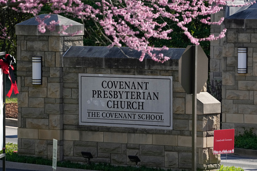 FILE - The entrance to the Covenant School is seen on the one-year anniversary of a mass shooting, March 27, 2024, in Nashville, Tenn. (AP Photo/George Walker IV, File) FILE - The entrance to the Covenant School is seen on the one-year anniversary of a mass shooting, March 27, 2024, in Nashville, Tenn. (AP Photo/George Walker IV, File)