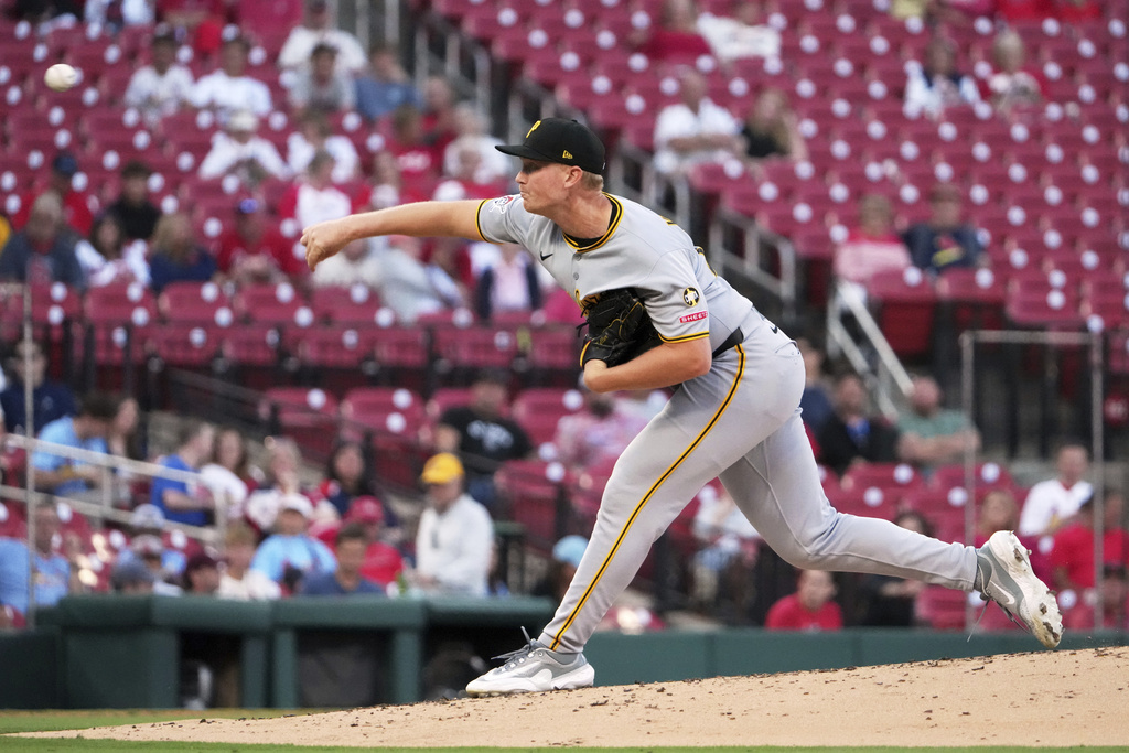 Pittsburgh Pirates starting pitcher Mitch Keller throws during the first inning of a baseball game against the St. Louis Cardinals Tuesday, Aug. 26, 2025, in St. Louis. (AP Photo/Jeff Roberson)
