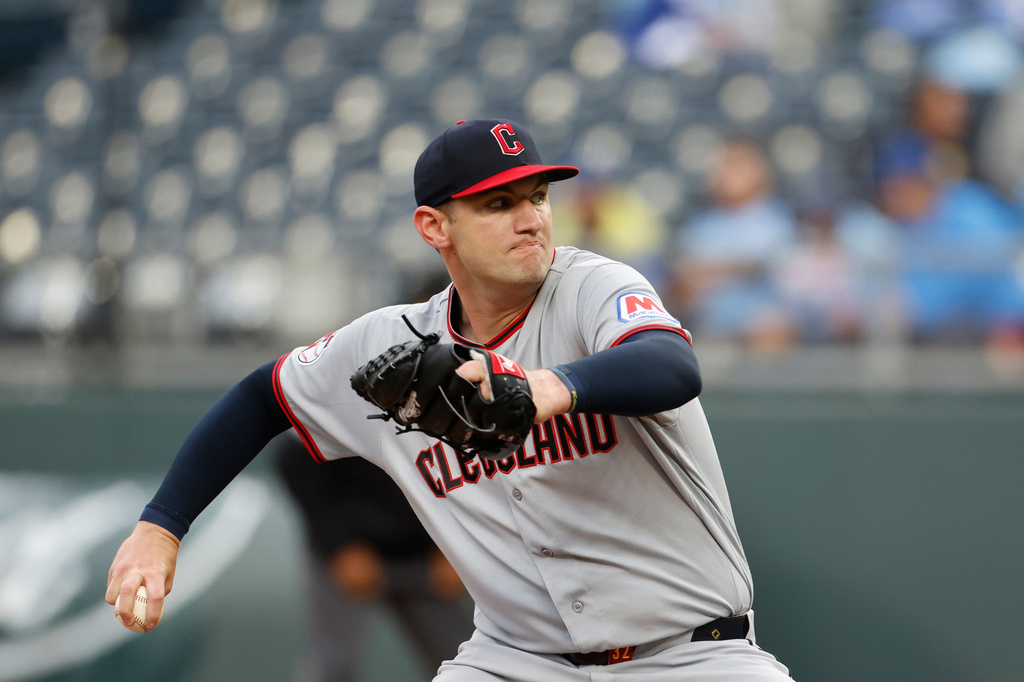 Cleveland Guardians pitcher Gavin Williams delivers to a Kansas City Royals batter during the first inning of a baseball game in Kansas City, Mo., Tuesday, May 5, 2026. (AP Photo/Colin E. Braley)